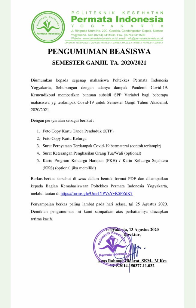 PENGUMUMAN BEASISWA SEMESTER GANJIL TA. 2020/2021