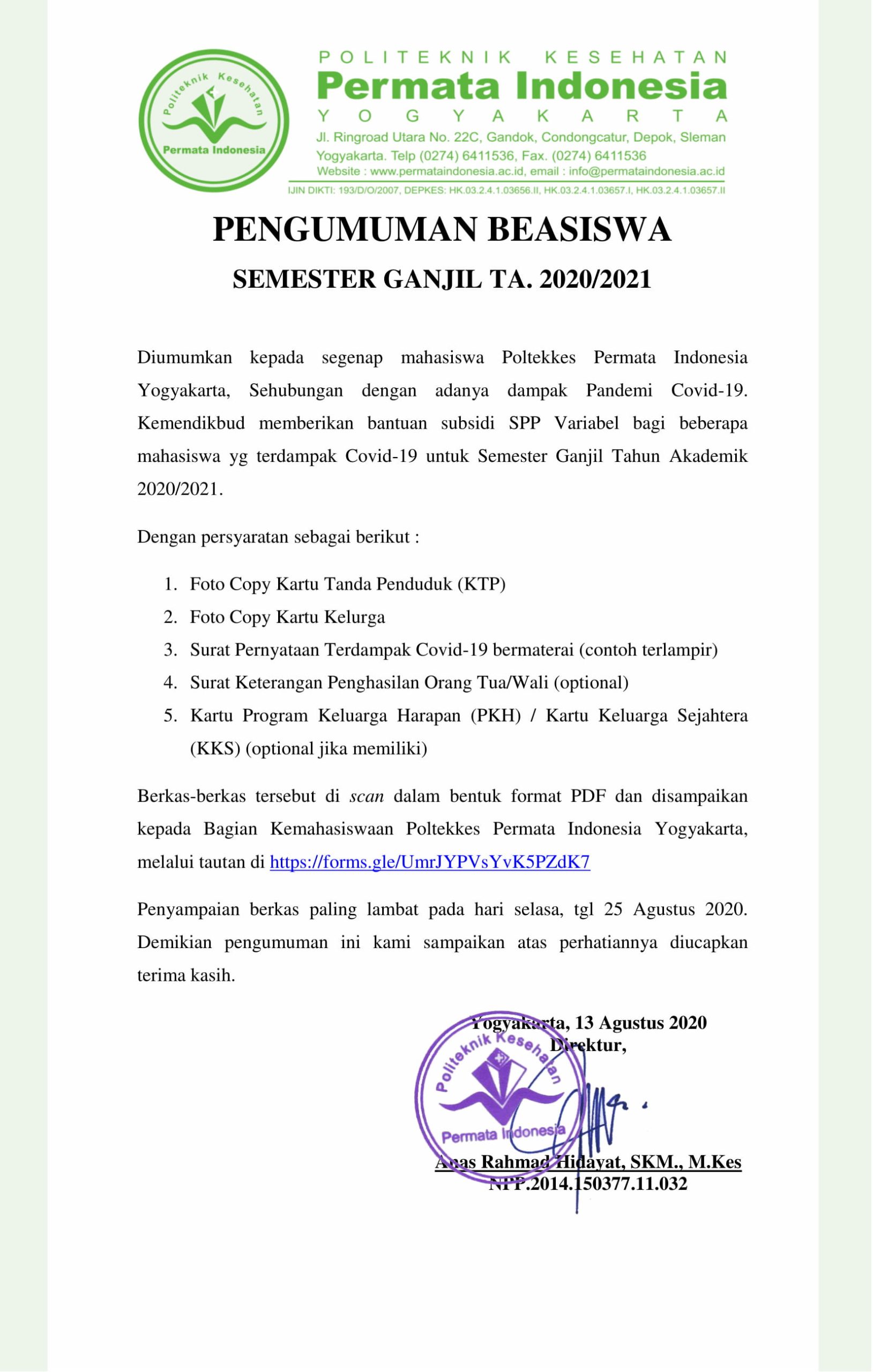 PENGUMUMAN BEASISWA SEMESTER GANJIL TA. 2020/2021