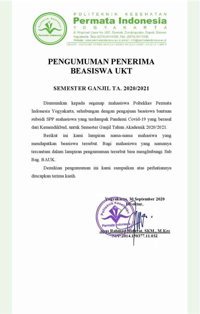 PENGUMUMAN PENERIMA BEASISWA UKT SEMESTER GANJIL TA. 2020/2021