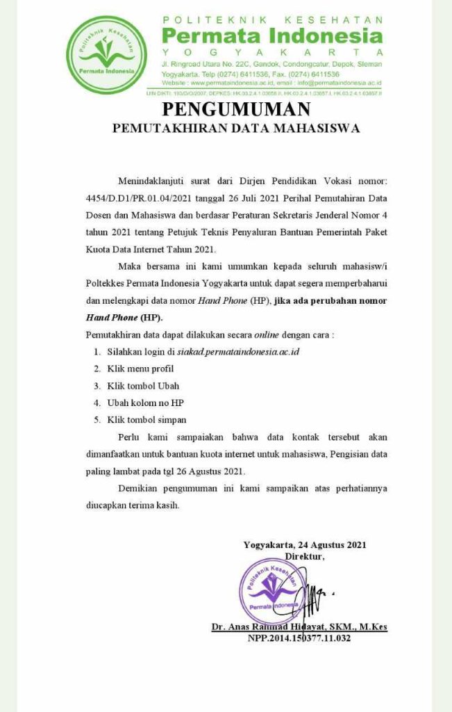 Pengumuman Pemutahiran Data Mahasiswa