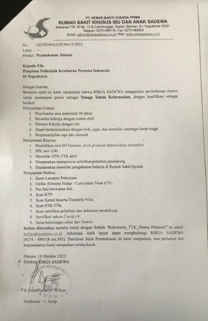 Permohonan Alumni Sebagai Tenaga Teknis Kefarmasian di RSKIA Sadewa